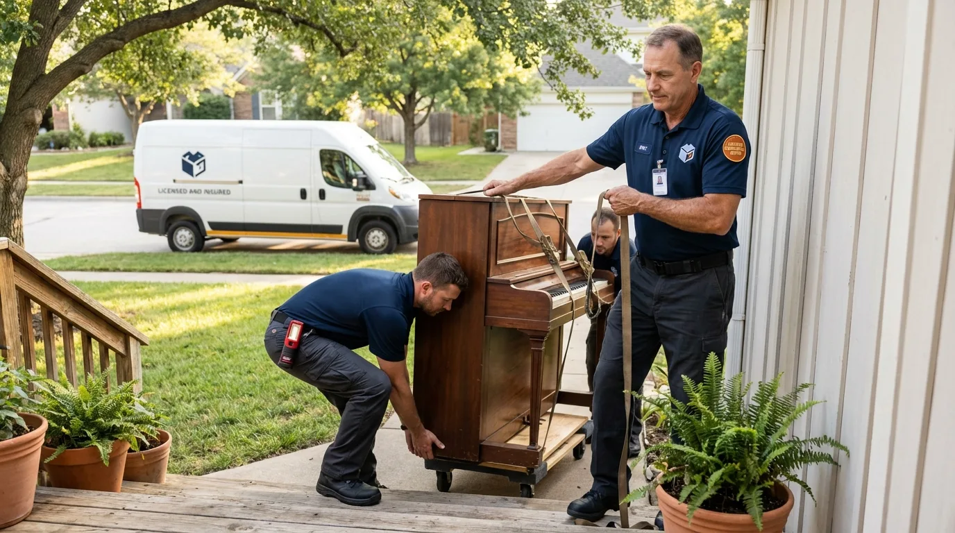 Licensed piano movers securing grand piano in Edwards, MS