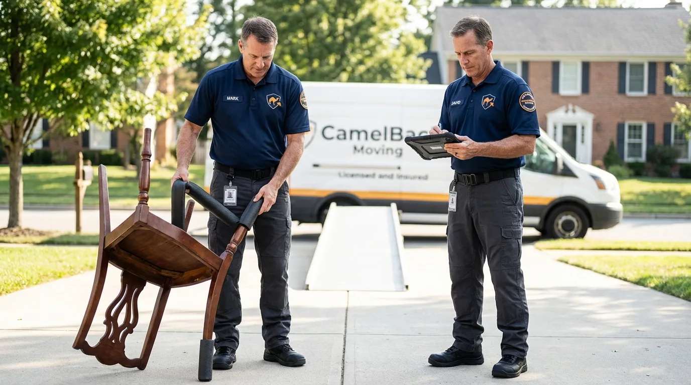 Movers inspecting furniture for damage prevention before loading in Edwards, MS